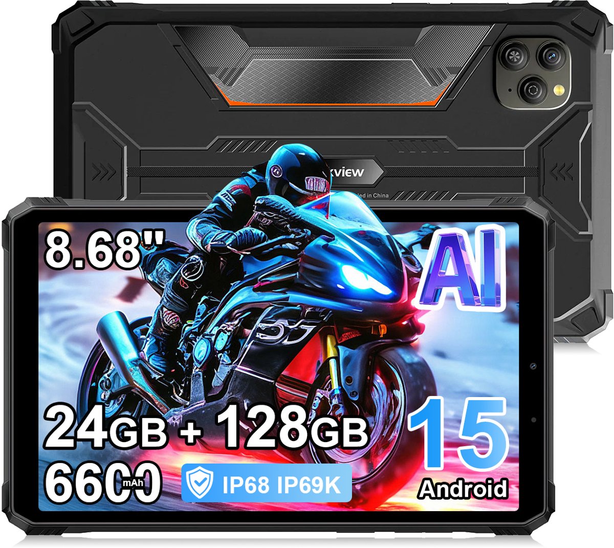 Tablet Blackview Active 5 - 24GB RAM - 128GB ROM - 8,68 inch - Android 15 - 6600mAh - BT 5,2 - Dual SIM 4G - IP68/IP69K - GPS - OTG - NFC - Zwart