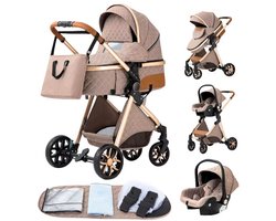 Multisupply - Luxueuze 3 in 1 Kinderwagen - Kwalitatieve Buggy - Multifunctioneel - Inklapbaar - Incl. Autostoel- Beige - 9 accessoires