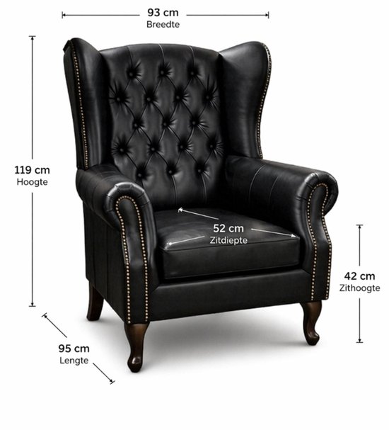 Zwarte leren wingback fauteuil met capitons. Afmetingen: H119xB93xL95cm, zithoogte 42cm, zitdiepte 52cm.