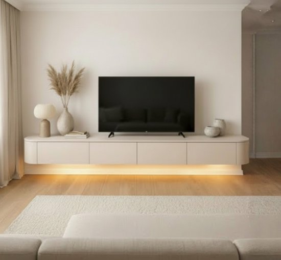 Meuble TV Japandi Incurvé - Beige Mat - 180x36x33 - Côté incurvé - Entièrement Assemblé - Meuble TV Suspendu 280cm – Meuble TV Mural avec Portes et Tiroir – Meuble TV Flottant – Design Incurvé – Meuble TV Scandinave Moderne