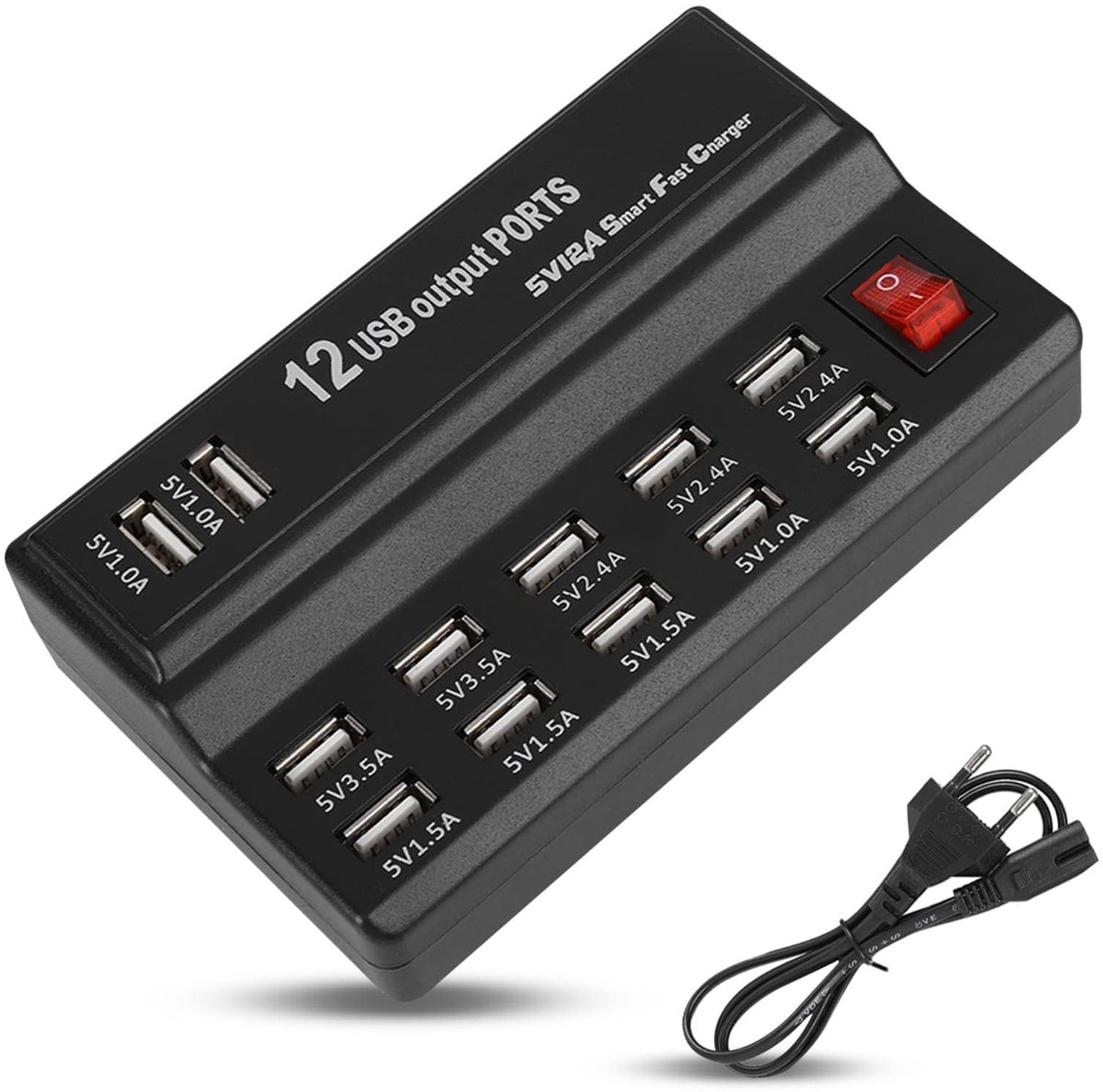 Oplaadstation 12 poorten - USB-hub 5V, 10A - AC-adapter voor mobiel en tablet - Gelijktijdig opladen - ShopVlot