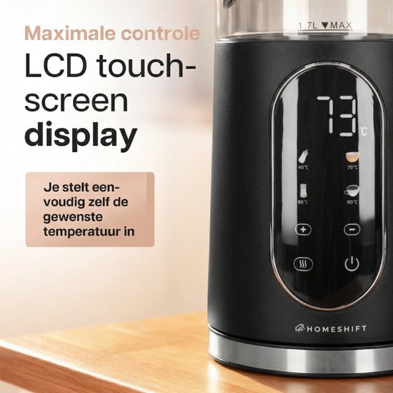 Zwarte waterkoker met glazen kan en een LCD-touchscreen dat de temperatuur van 73°C weergeeft.