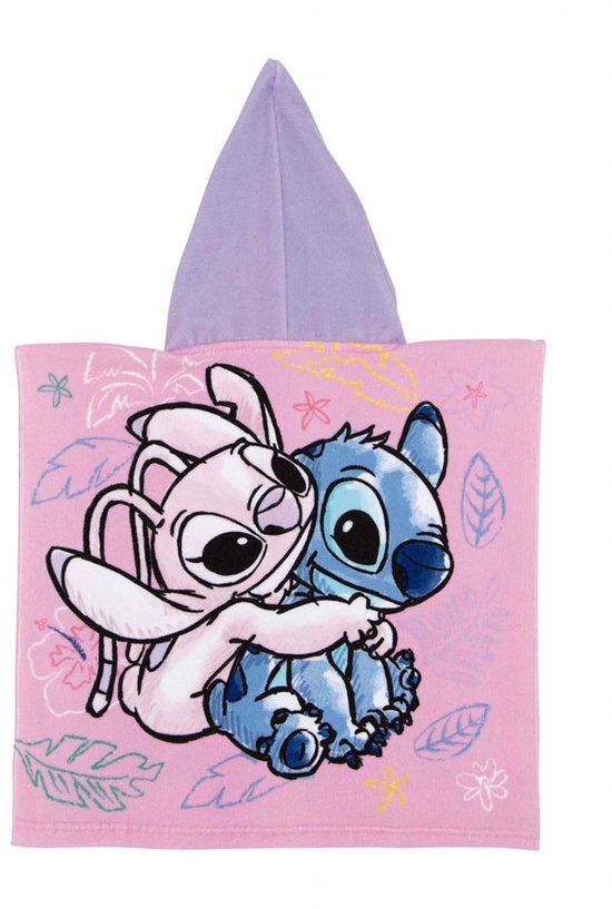 Roze poncho met capuchon met Stitch en Angel die elkaar vasthouden, met tropische bladeren.
