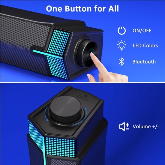 Hand die een knop indrukt op de rechterkant van een zwarte soundbar met blauwe LED-verlichting. Illustraties van ON/OFF, LED Colors, Bluetooth en Volume.