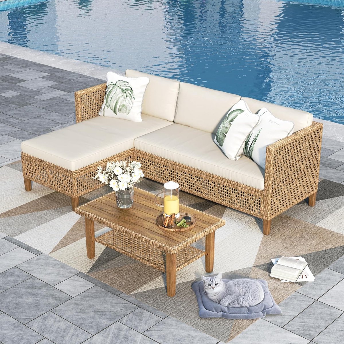 Tuin Loungeset 3-Delig met Chaise Longue, 2-Zits Bank & Tafel 185x122,5x62,5 cm – Rotan Beige met Kussens – Balkon & Terras Lounge Set 4 Personen – Urbanhome
