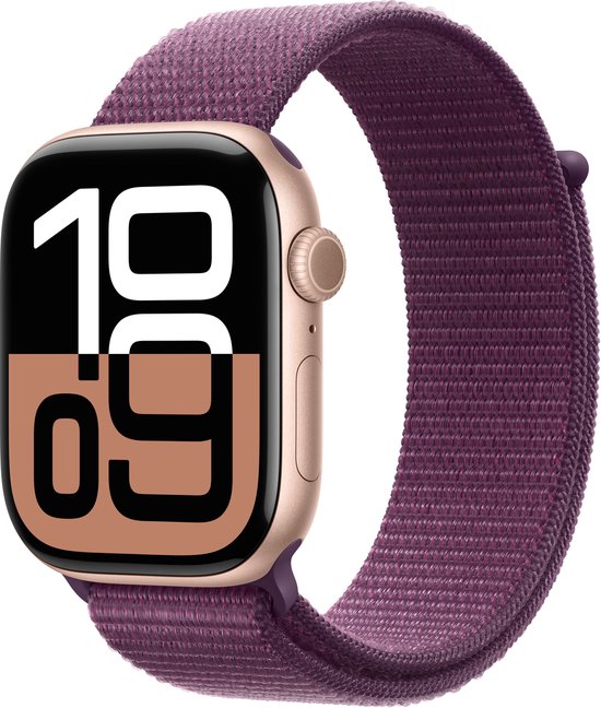 Apple Watch Series 10 - Wifi - 46mm - Rose Gouden Aluminium Case met Plum Geweven Sportbandje