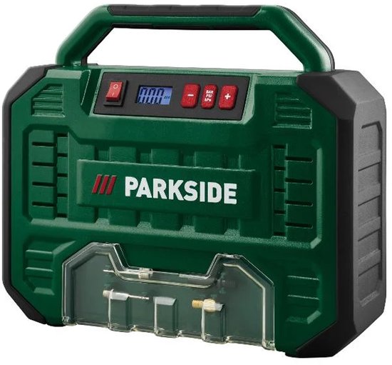 Groene Parkside compressor met digitale display en handvat, staand op een ondergrond.