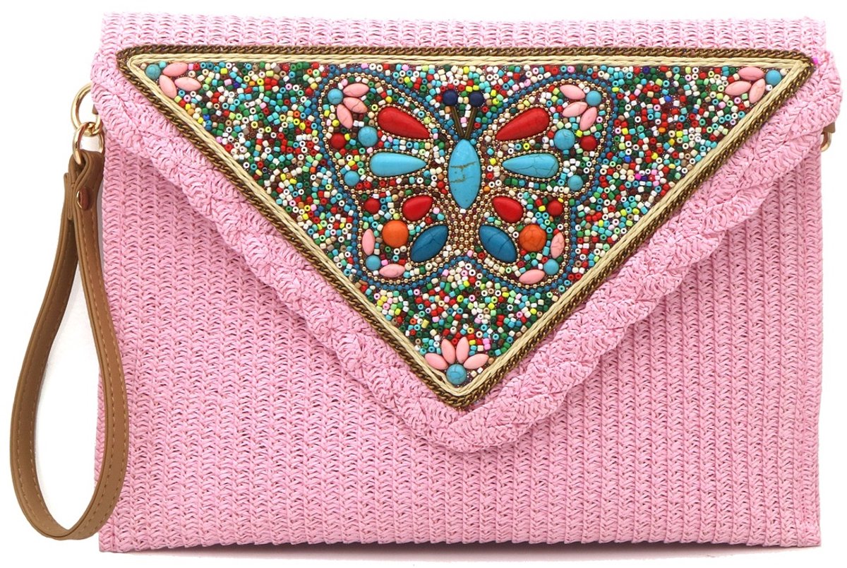 Ultiluxe® Crossbody tas met Kralen - Schoudertas voor Dames - Geweven - 27.5 x 20 cm - Tas - Met beads - Handtas - Roze