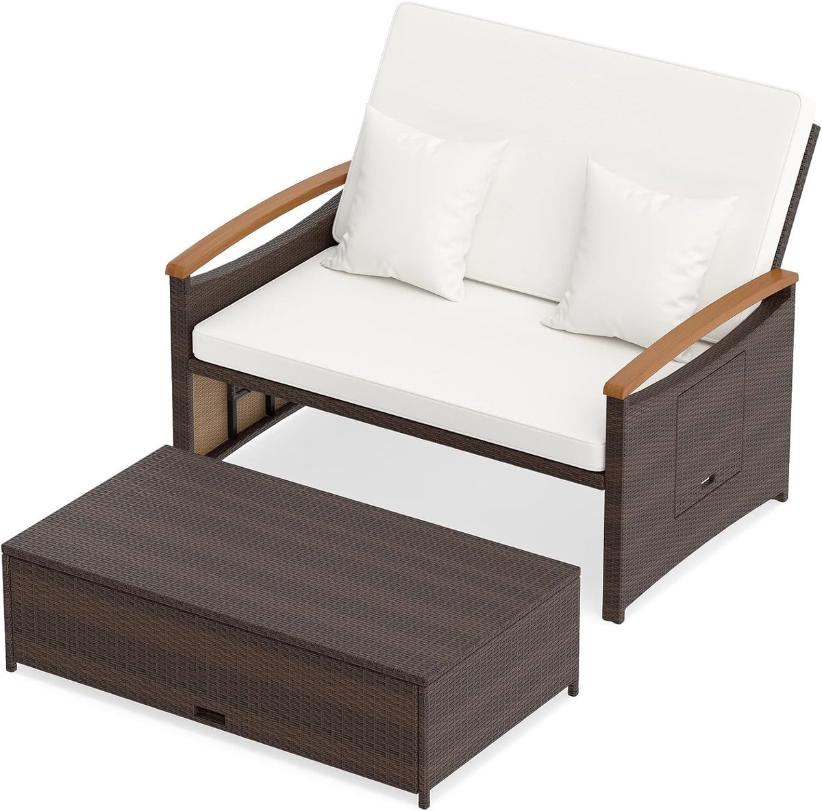 Luxe Modulair Rattan Ligbed & 2-Zits Tuinbank met Verstelbare Rugleuning, Ingebouwde Bijzettafels en XXL Opbergruimte – Mix Bruin & Beige