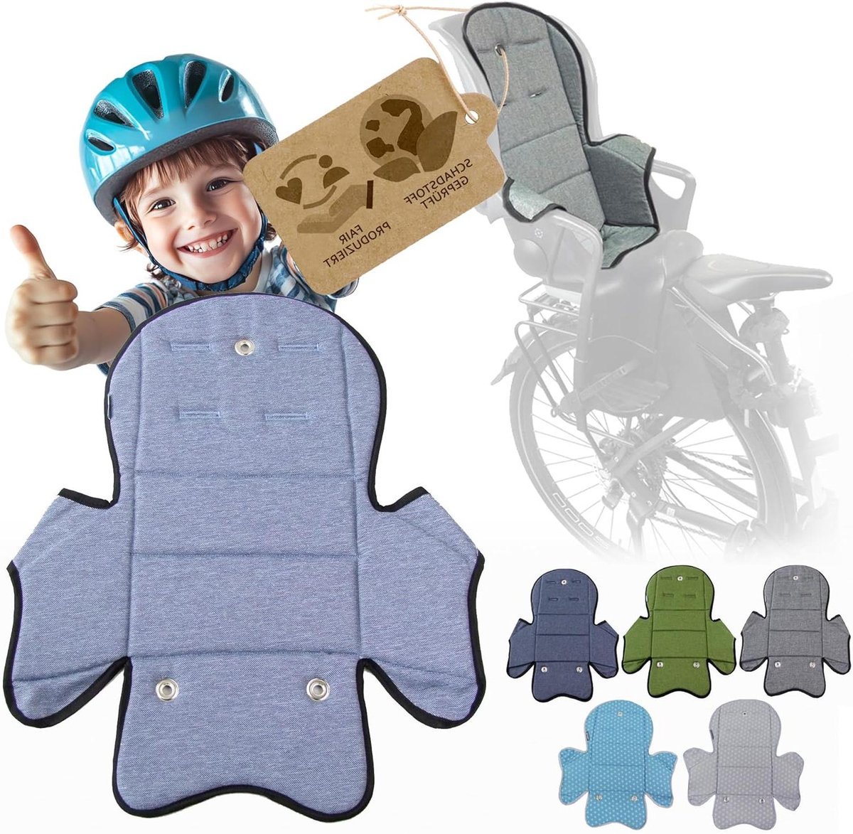 Vervangende hoes kinderfietszitje - Reservekussen fietsstoel - Fietsen met kinderen - Wasbaar op 30°C - Model 5 - Blauw gemêleerd