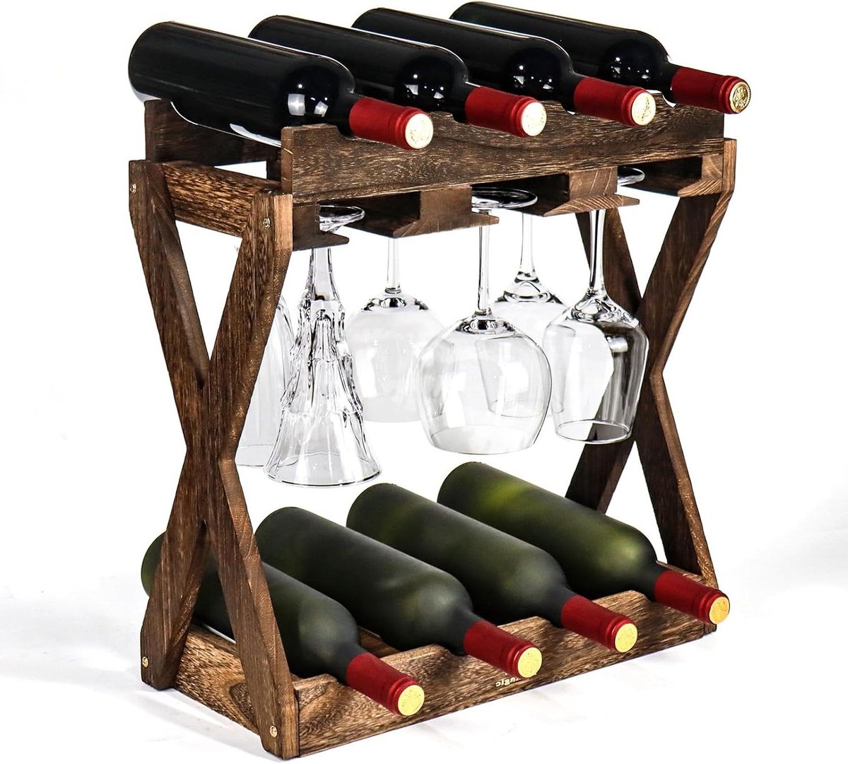 Houten Wijnrek - Fleshouder - Keuken Decoratie - 3-in-1 Ontwerp - 19x19x46 cm - Verbrand Hout