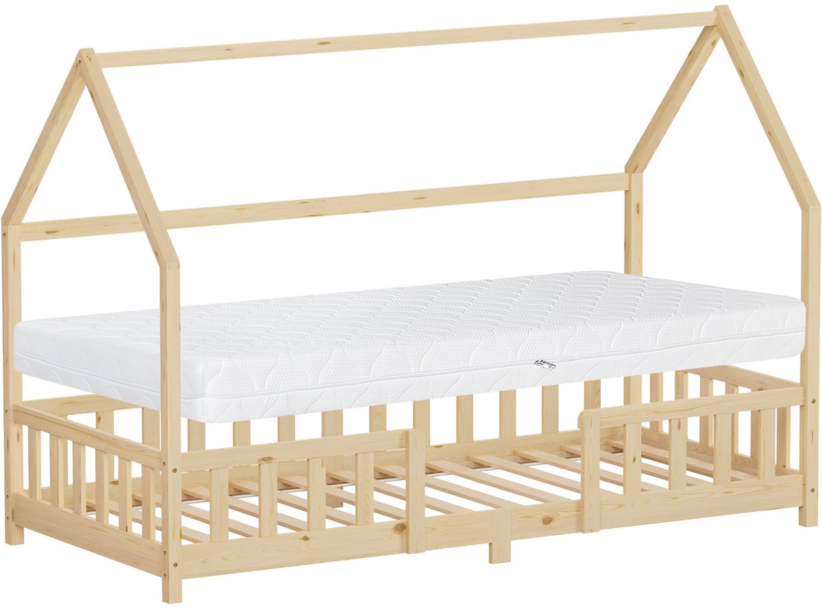 ml-design montessori kinderbed 90x200 cm met matras H:16 cm valbeveiliging natuur massief grenenhout huisbed voor meisjes en jongens met lattenbodem decoratieve kap houten eenpersoonsbed jeugdbed speelbed vloerbed bedhuis kinderbed met dak