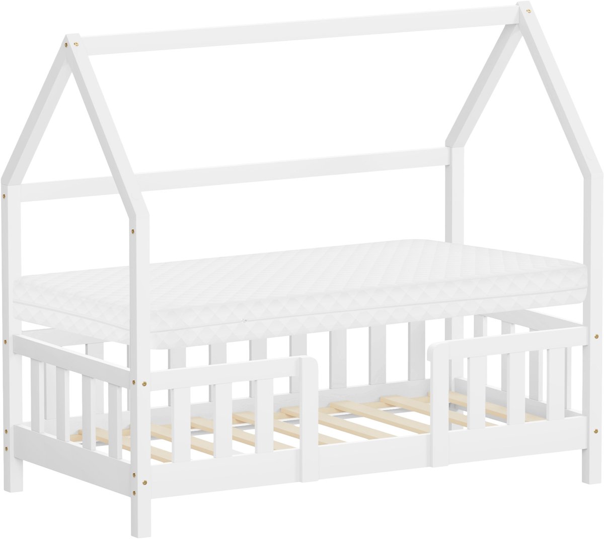 ml-design montessori kinderbed 70x140 cm wit grenenhout met matras en valbeveiliging speelbed juniorbed kinderhuis houten bedframe lattenbodem dak decoratieve kap eenpersoonsbed kinderbed met dak kinderbed hout huisbed voor meisjes en jongens