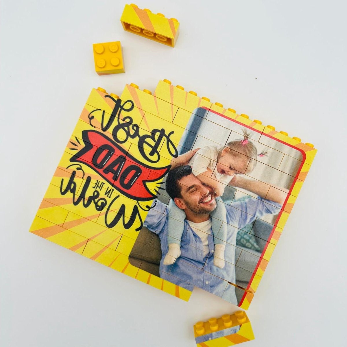 Puzzelstenen | Gepersonaliseerde bouwstenen met foto en tekst | 12,8 cm (breedte) × 10,5 cm (hoogte) × 1,5 cm (dikte) (geel)