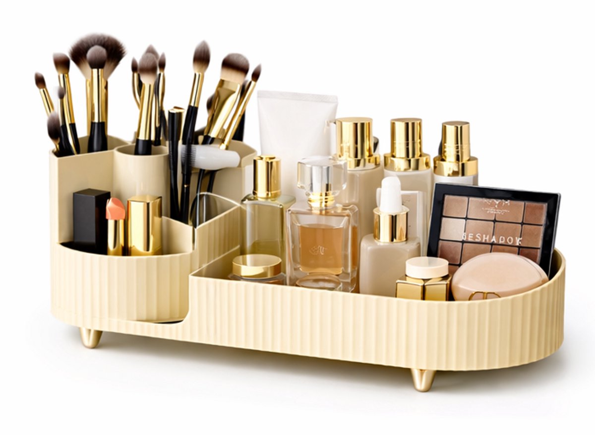 Make-up Organizer met Roterend Vak – Licht Beige / Crème - Cosmetica Opberger – Make-up Opbergdoos – Kwastenhouder – Bureau Organizer – 34,5 x 14,7 x 14,3 cm – Kunststof
