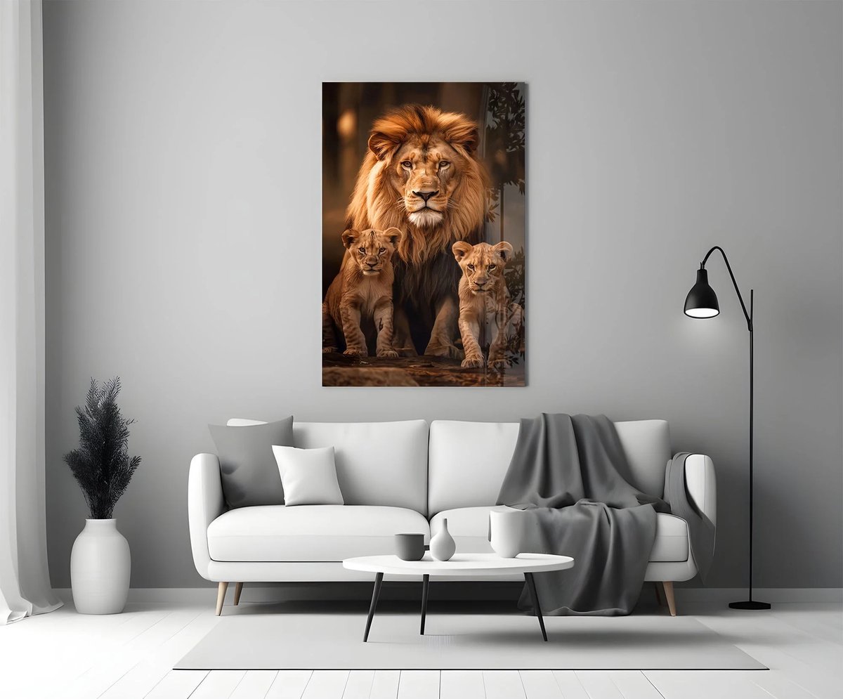 Insigne Art Glasschilderij Leeuw met Welpen - Krachtig Dieren Portret - Luxe Wanddecoratie - 110 x 70 cm Bruin