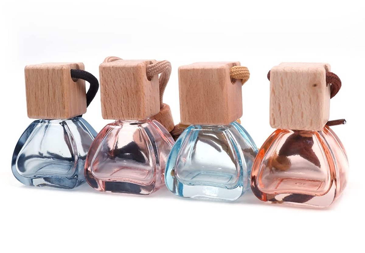 4 Stuks Vierkante Glazen Parfumfles met Houten Deksel - 10ml Auto Luchtverfrisser