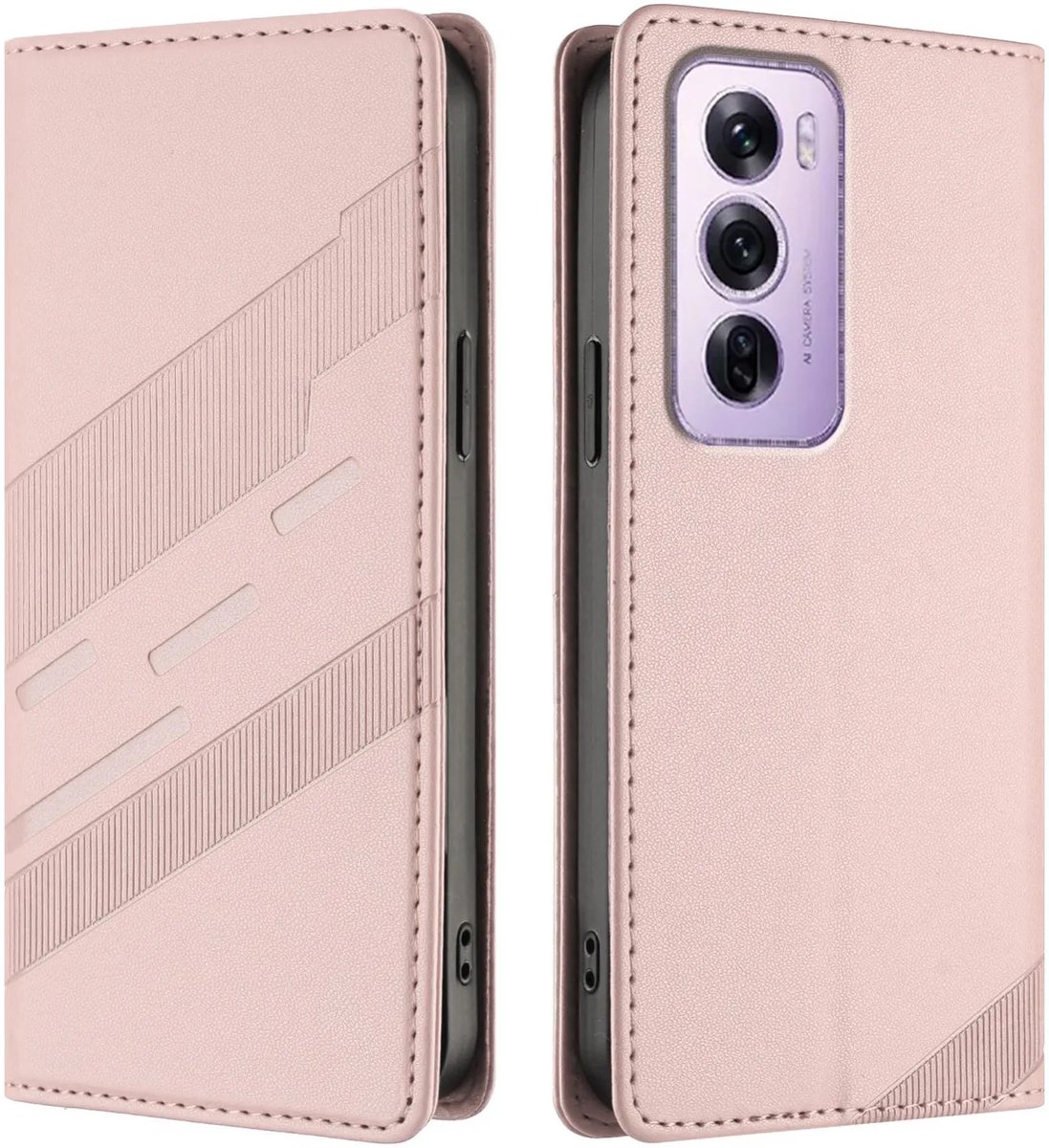 Hoesje geschikt voor Oppo Reno12 Pro - Phonesta Embossed Lines Book Wallet Case - Roze
