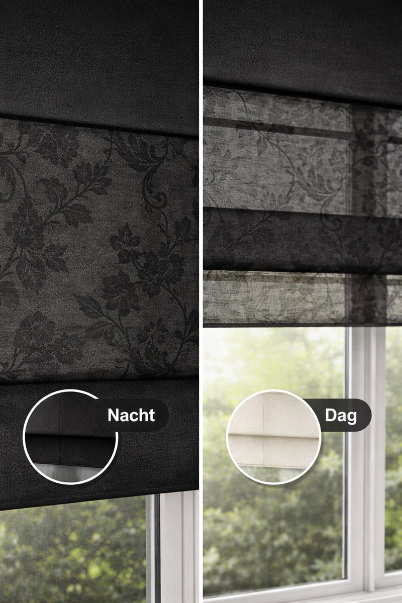 Vouwgordijn Madécostore – Lichtdoorlatend – 45x175 cm – Zwart met print – Met aluminium rail en zelfblokkerend systeem – foto 2