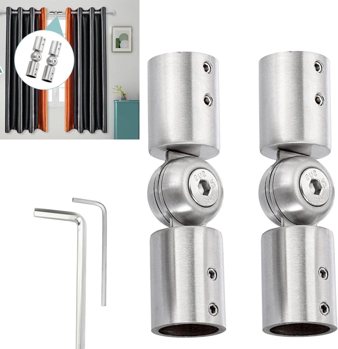 Hoekverbinder Gordijnroede - Verstelbare Connector - Erkerramen en Hoeken - Roestvrij Staal 304 - 25 mm Stang - Zilver