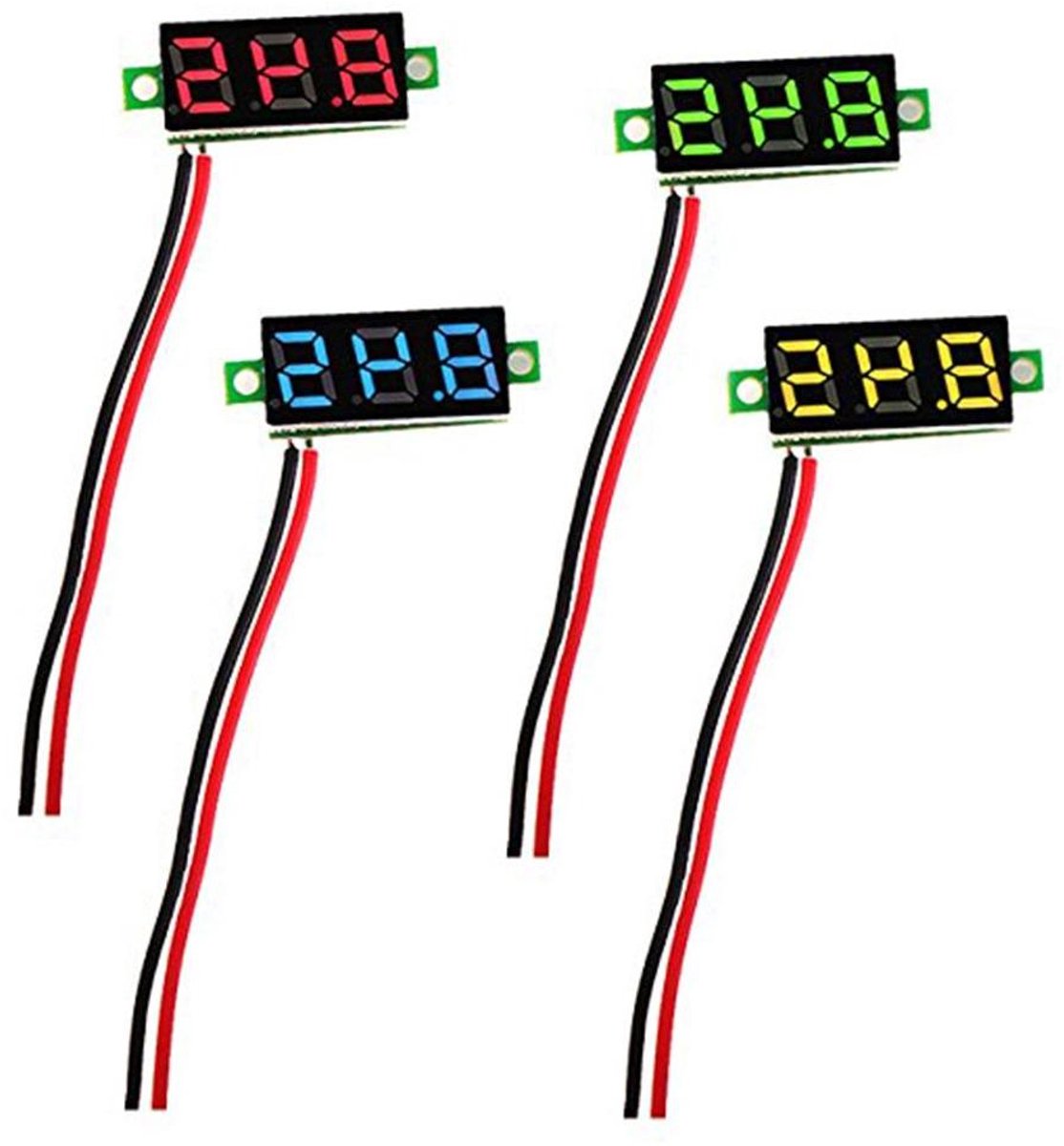 Digitale Voltmeter Mini - Spanningsmeter LED - Accu Spanning Meten - Twee-Draads Aansluiting - 4 stuks - Rood Geel Groen Blauw