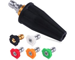 Hogedrukreinigermondstuk - 1/4' Snelkoppeling - Mondstuk - Roterend Turbo-Mondstuk - Inclusief 5 Sproeikoppen - Draaibaar - Perfect Voor Hardnekkig Vuil - Geschikt Voor Het Reinigen Van Terrassen, Bakstenen Muren En Opritten