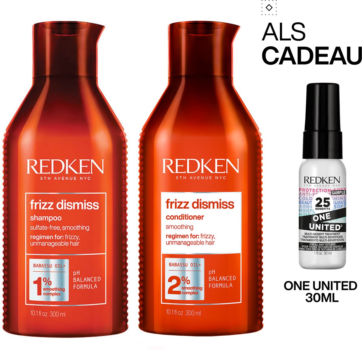 Redken Frizz Dismiss Duo + Cadeau - Shampoo 300ml & Conditioner 300ml + One United 30ml Cadeau - Pluizig Haar
