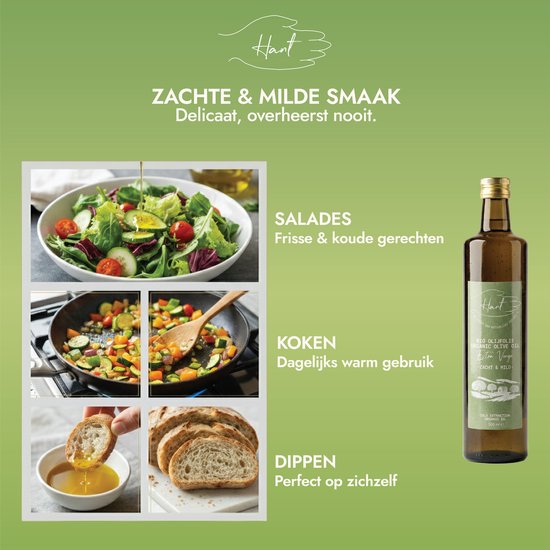 Collage met salade, roerbakgroenten, brood dippend in olijfolie en een fles Hant biologische olijfolie. Met tekst 'ZACHTE & MILDE SMAAK'.