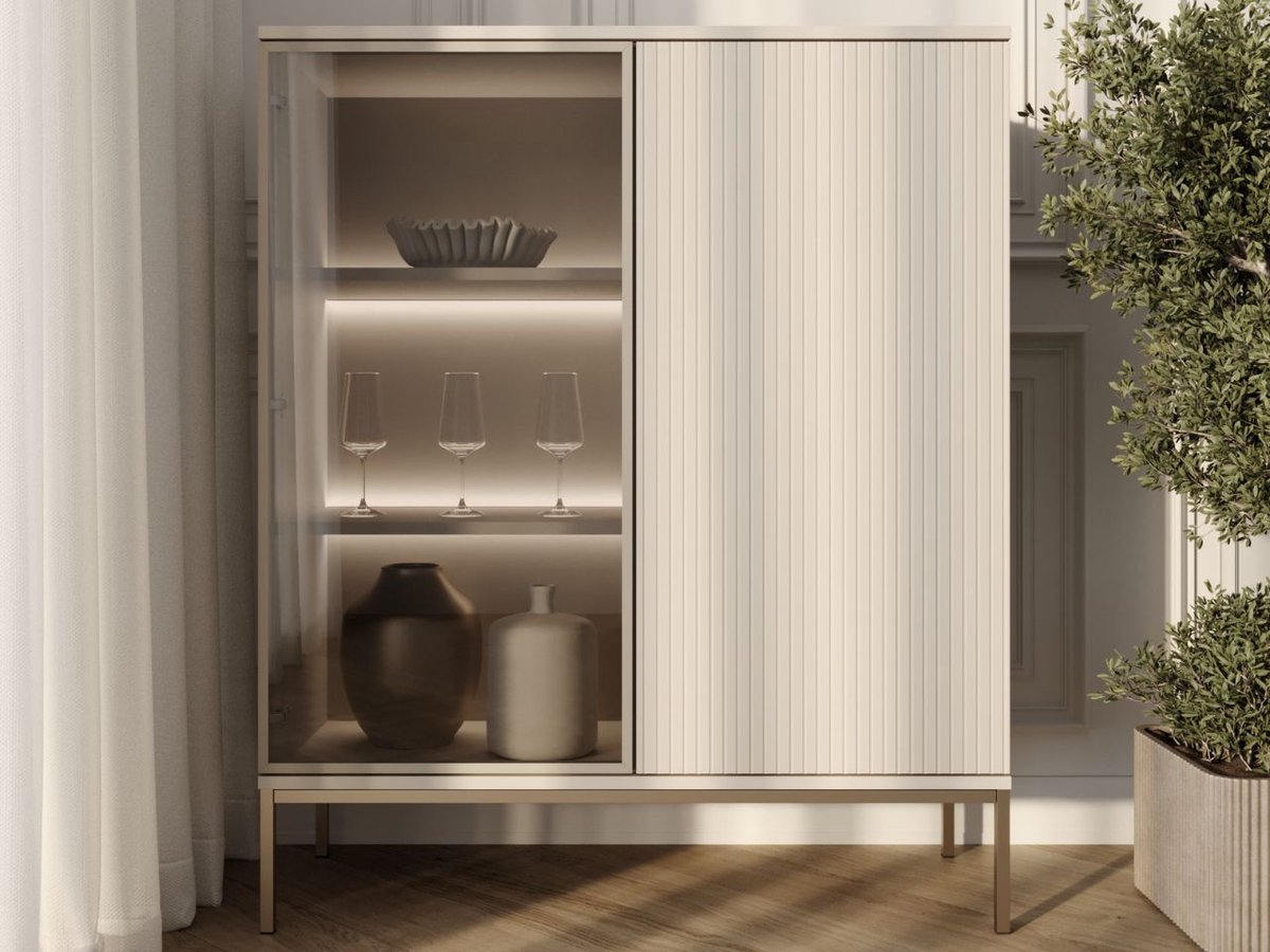 GrainGold – Vitrinekast Deo – Beige – Met Deuren en Ledverlichting - Moderne Opbergruimte - 126 cm