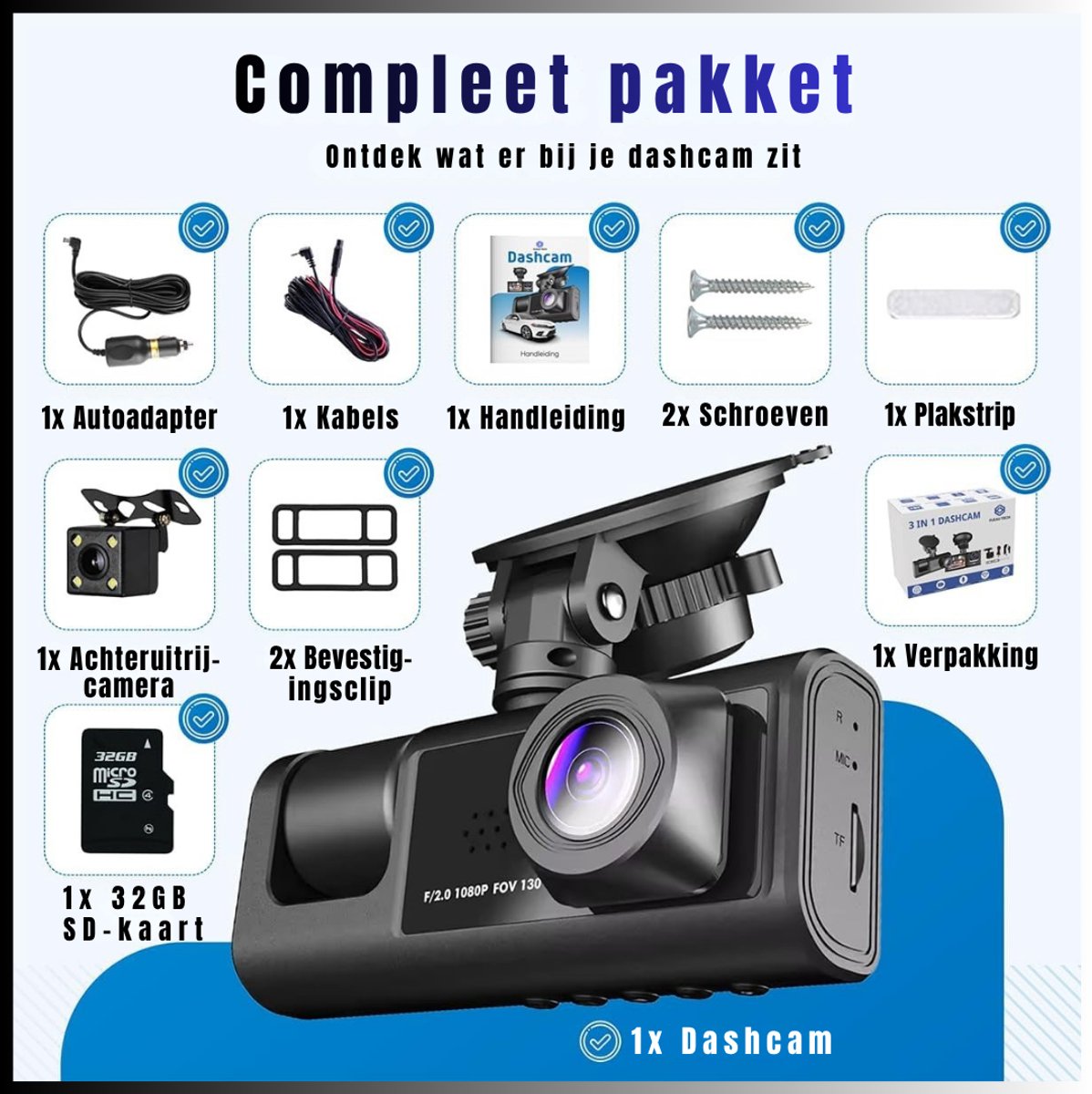 Aura® Dashcam voor Auto voor en Achter - Achter Draadloos - HD Night Vision - Zwart- 10cm x 30cm x 5cm – foto 7