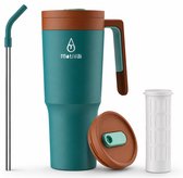 Motivai Travel Cup RVS Thermosbeker met Handvat & Rietje – 1.2L (40oz) – Lekvrij & Dubbelwandig – Drinkbeker To Go – Thermosfles Waterfles – Retro