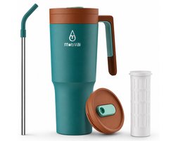 Motivai Travel Cup RVS Thermosbeker met Handvat & Rietje – 1.2L (40oz) – Lekvrij & Dubbelwandig – Drinkbeker To Go – Thermosfles Waterfles – Retro