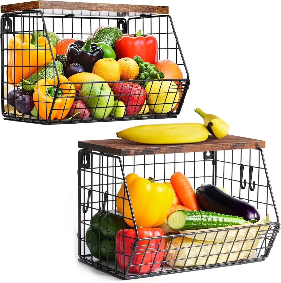 Hangende Fruitmand 2-Laags – Wandrek Keuken Zwart Metaal met Houten Deksel – Fruitmand Hangend, Groente Mand, Keuken Organizer, Opbergrek Wand, Stapelbaar, Ruimtebesparend – 2 Stuks