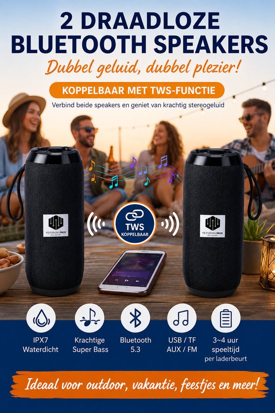 Draadloze Bluetooth speakers set 2x 10W, IPX7 waterdicht, TWS stereo, Bluetooth 5.3, USB TF AUX FM, zwart