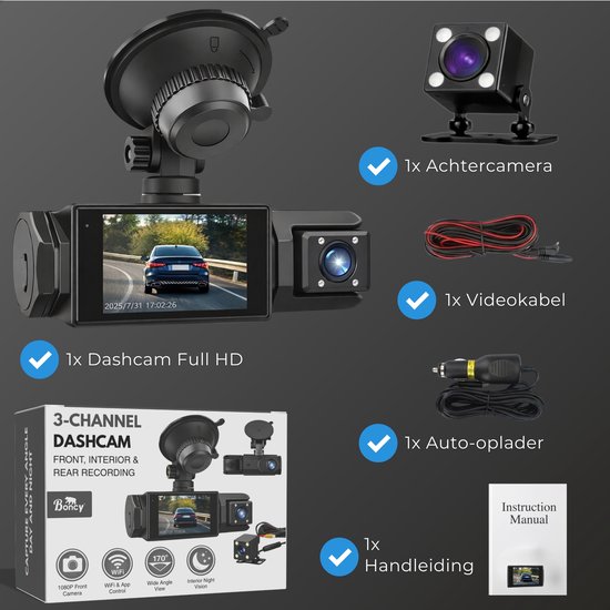 3-kanaals dashcam set met dashcam, achtercamera, videokabel, autolader en handleiding.