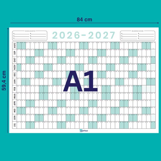 OptiYear schooljaarkalender 2026-2027 Maat: A1 (h 59.4 x b 84.1 cm)