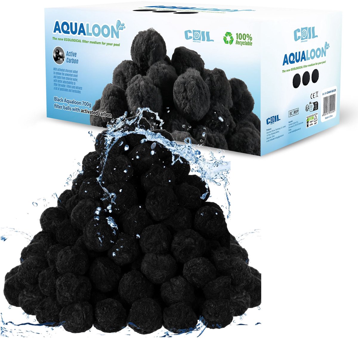 COIL Filterballen voor Zwembad Zandfilter Vervanging - 700g - Aqualoon - met Actieve Kool - Zwart