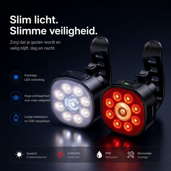 Sounix Fietsverlichting USB oplaadbaar - 8+7 Lichtstanden - IP65 Waterdicht - Voorlicht & Achterlicht - Led Fietslamp - Valbestendig - Koplamp fiets - Fietslampjes - Fietslichten - Zwart van Sounix — afbeelding 4