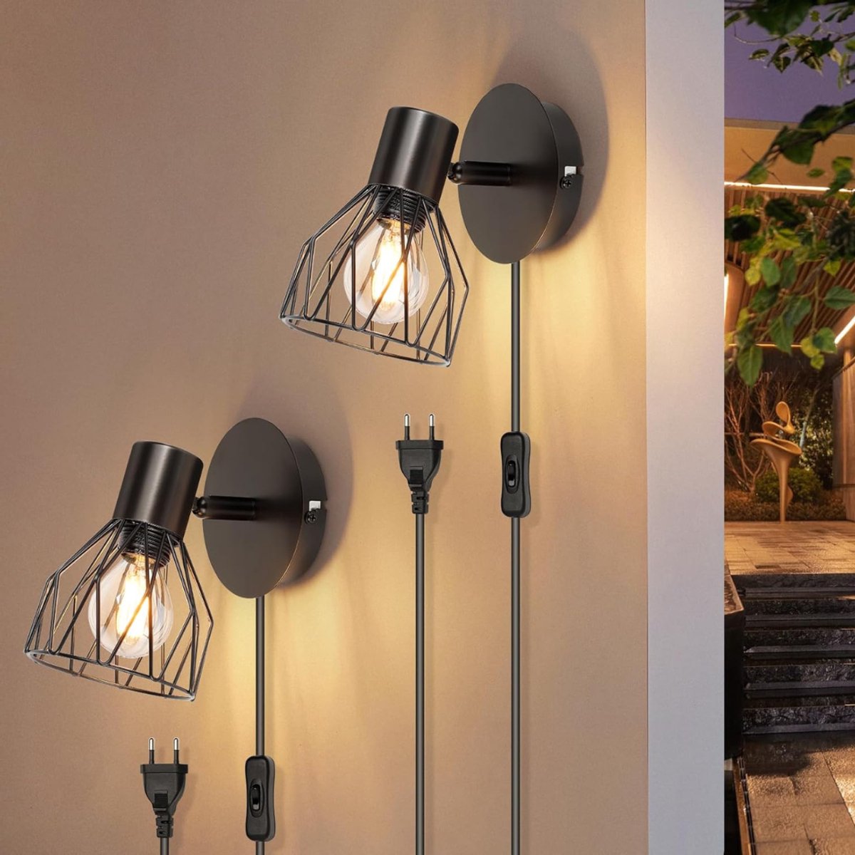 MRKK® Wandlamp Binnen met Snoer - Wandlamp met Stekker voor Binnen - Zwart