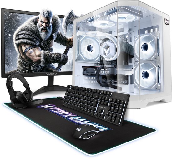 Gaming set met witte computerkast, monitor met Viking, toetsenbord, muis en headset.