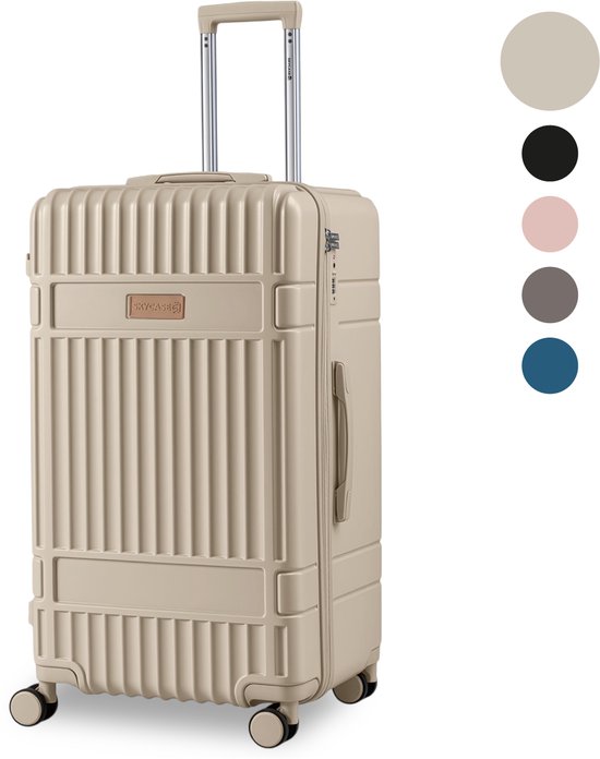 Beige koffer met ribbelpatroon, TSA-slot en uittrekbaar handvat.