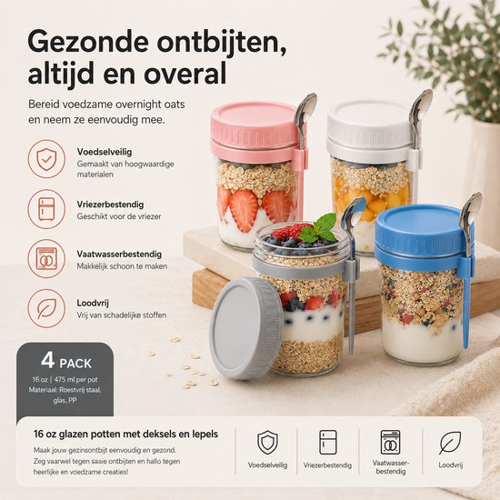 Bocal de flocons d'avoine BOTC Overnight Oats - Bocaux de conservation - Set de 4 avec Cuillères - 4 x 475 ml - Bocaux en Verres avec couvercles - Bocal Mason