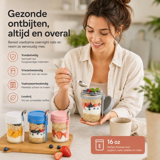 Bocal de flocons d'avoine BOTC Overnight Oats - Bocaux de conservation - Set de 4 avec Cuillères - 4 x 475 ml - Bocaux en Verres avec couvercles - Bocal Mason