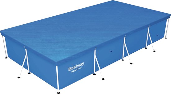 Een blauw Bestway Steel Pro afdekzeil ligt over een rechthoekig framezwembad, op witte standaard.