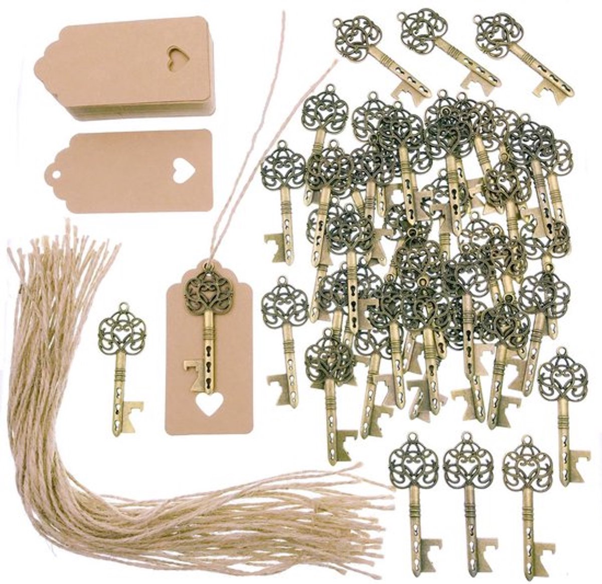 50 x sleutelflesopener met kraftpapier, cadeauhangers met jute bindgaren, vintage sleutels voor bruiloft, gastgeschenk, feestaccessoires, bar benodigdheden