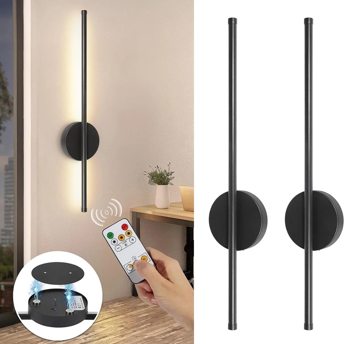 Emvae Oplaadbare Wandlamp - Set van 2 wandlampen - Draadloze LED Wandlamp met Afstandsbediening - Dimbaar - 3 Lichtkleuren