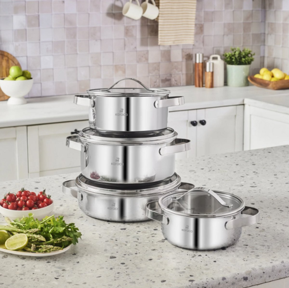 Karaca 3 Ply Culinara Pannenset – 8 Delig – RVS – Inductie Geschikt – Met Glazen Deksels