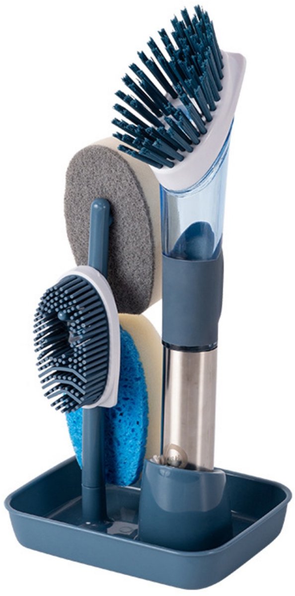 TOVBMUP 4-in-1 afwasborstel - Met afwasmiddeldispenser - 4 vervangende koppen en houder - Keukenreinigingsborstel met handvat - Multifunctionele reinigingsborstel - Borstel met plankje - Geschikt voor pannen, gootstenen - Blauw