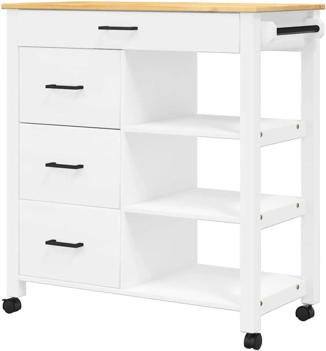 Keukenwagen - Dressoir Trolley - Keuken Organiseren - Massief Hout - 84x40x90cm - Wit