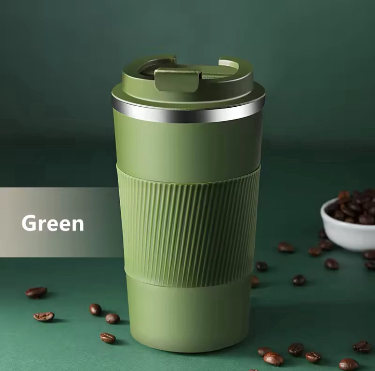 Coffee Thermosbeker - Koffiebeker To Go - Groen - Travel Mug voor Koffie en Thee - Theebeker - 380 ML - RVS